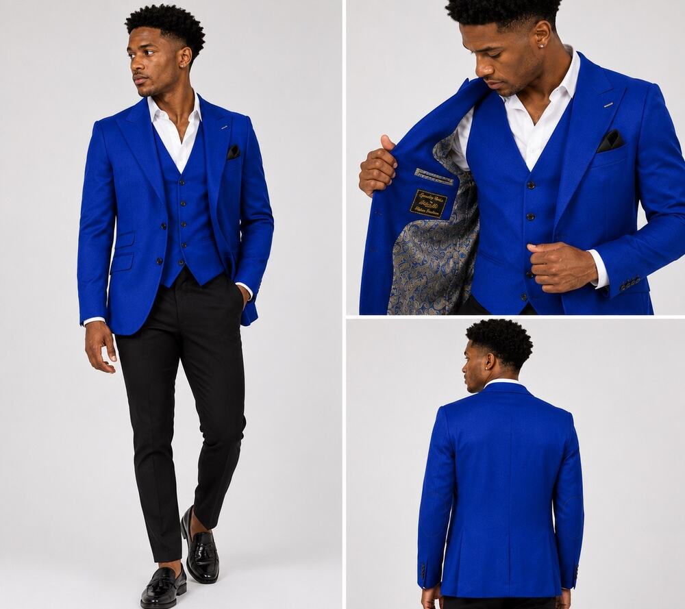 Zeniah Fashion Royal Blue Peak Lapel 3 Piece Suit Jacket Vest Mens 38R Classic